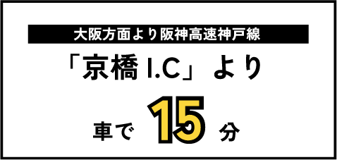 大阪方面より阪神高速神戸線「京橋I.C」より車で15分